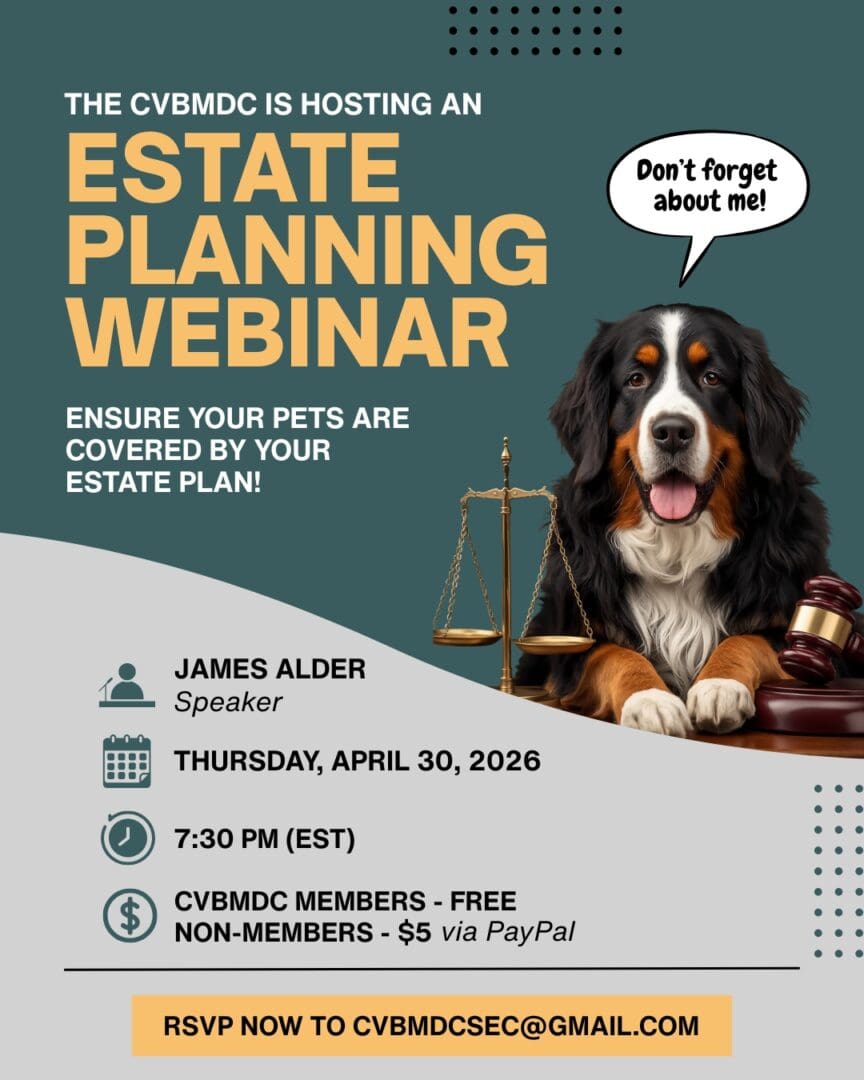 Webinar poster featuring a dog, promoting estate planning.